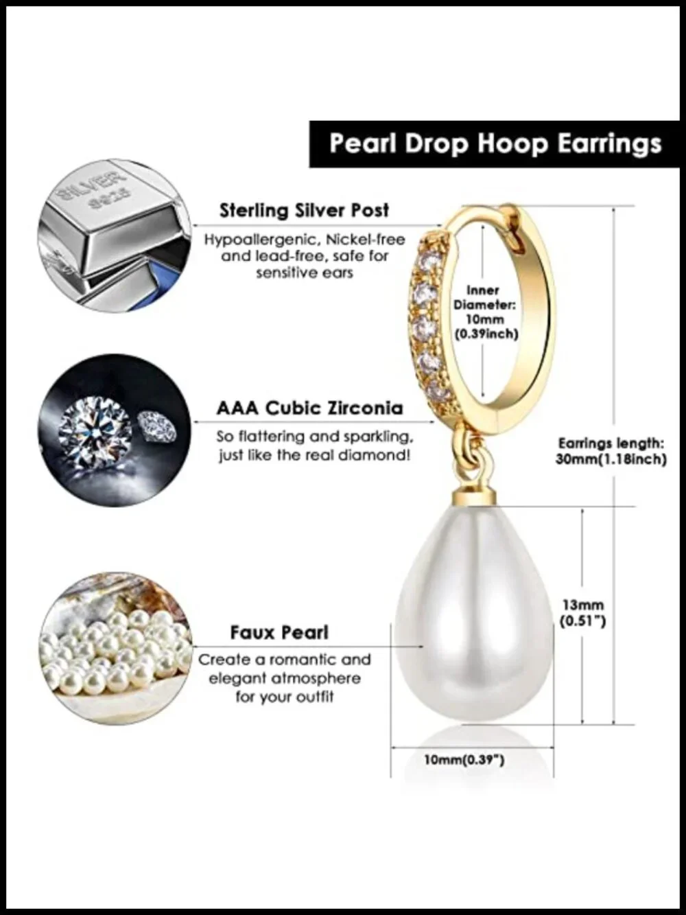 Pearl Drop Earrings for Women Sterling Silver Hoop Dangle Huggies